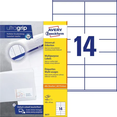 Avery Zweckform 3477 Universal-Etiketten,A4 mit ultragrip,Adressaufkleber 105 x 41 mm, 100 Bogen/1.400 Etiketten, weiß