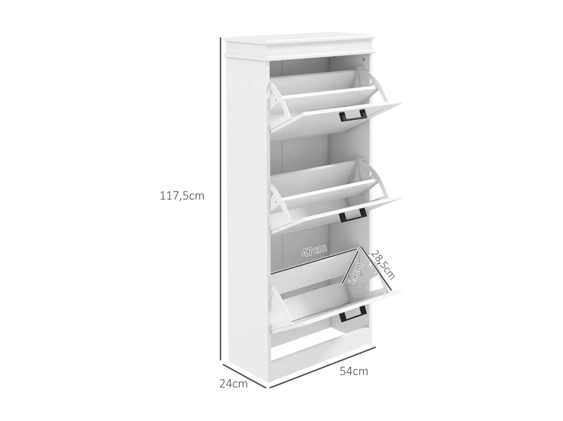 Meuble à chaussures 3 portes abattants 3 étagères poignées métal noir MDF blanc