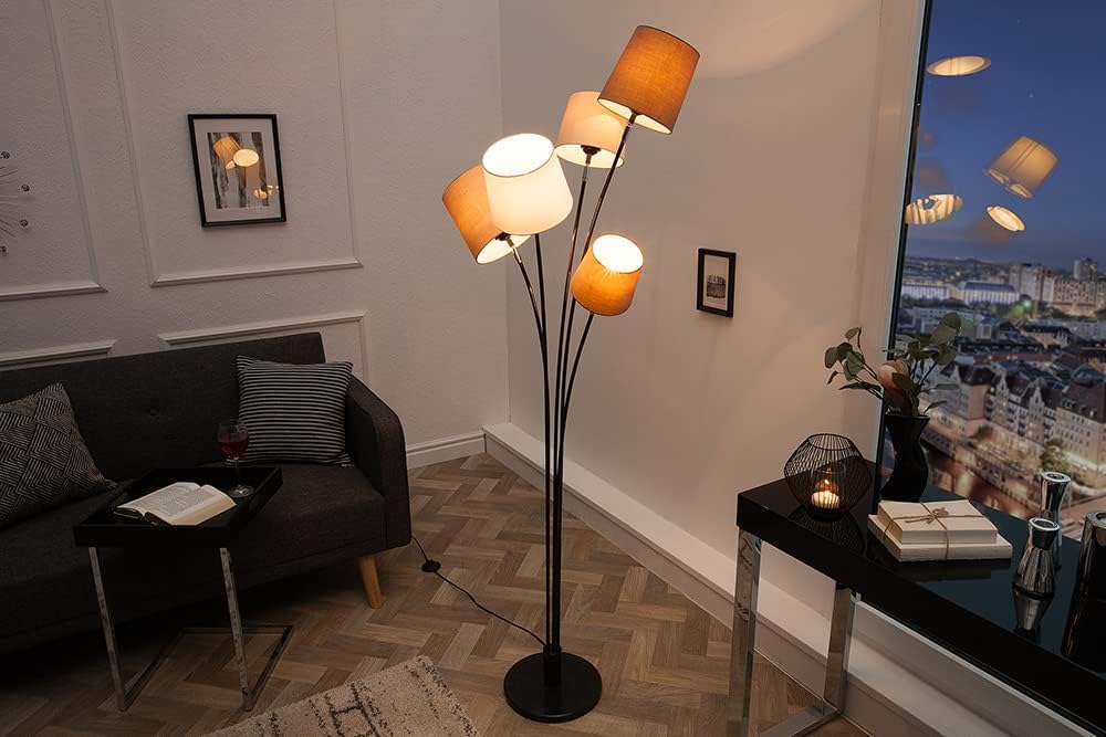 Design Stehleuchte LEVELS weiß beige braun mit 5 Leinen Schirmen Stehlampe Wohnzimmerleuchte Leselampe