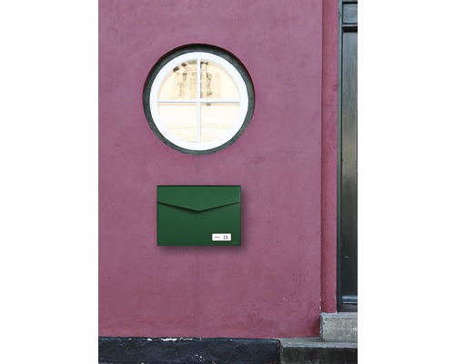 MEFA brievenbus, gepoedercoat staal, BxHxD 430x312x178 mm, Letter 113, mosgroen RAL 6005, zijdemat, met naamplaatje en klep