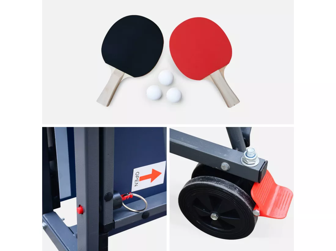 Table de ping pong INDOOR bleue - table pliable avec 2 raquettes et 3 balles. pour utilisation intérieure. sport tennis de table