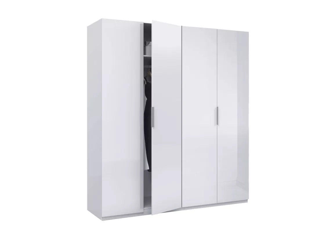 Armoire Knoxville, Armoire de chambre avec 4 portes battantes, Armoire avec 2 étagères et tringle à vêtements, 180x52h200 cm, Blanc