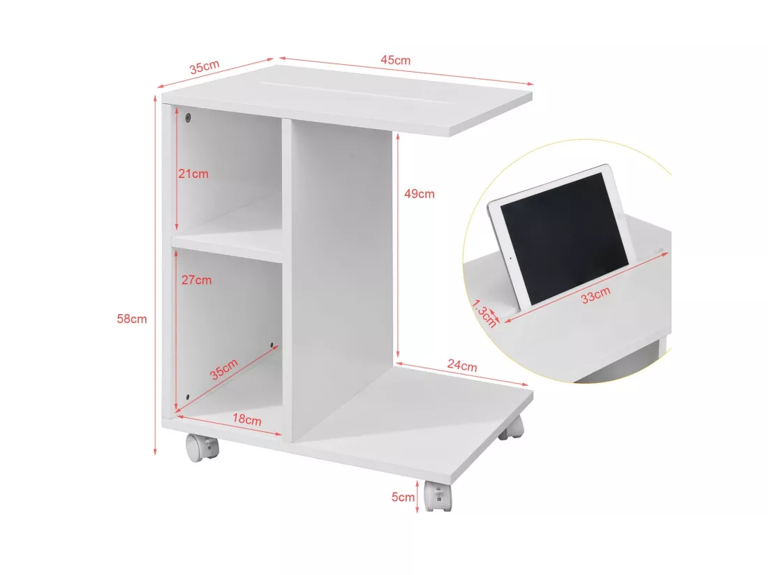 Bout De Canapé Table D’appoint Moderne Roulante Avec 2 Étagères De Rangement, Fbt48-w