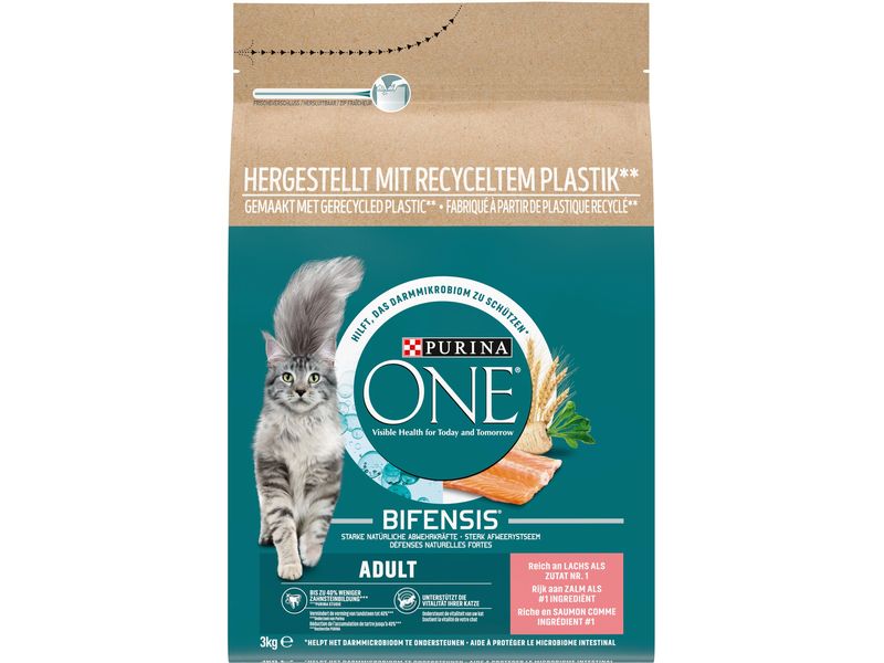 Purina ONE Trockenfutter Adult Lachs & Vollkorn, 3 kg Alleinfuttermittel für ausgewachsene Katzen