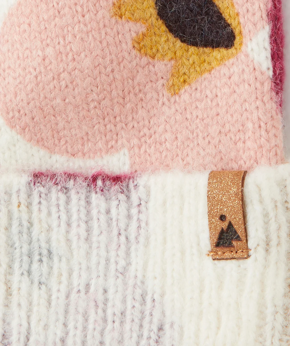 BONNET TRICOT FILLE ÉCRU ET IMPRIMÉ FLORAL AVEC POMPON