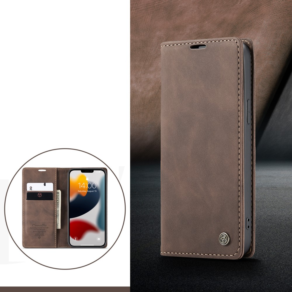 iPhone 13 Pro Leder Tasche Flip Wallet Etui mit Kartenfächern - Dunkelbraun