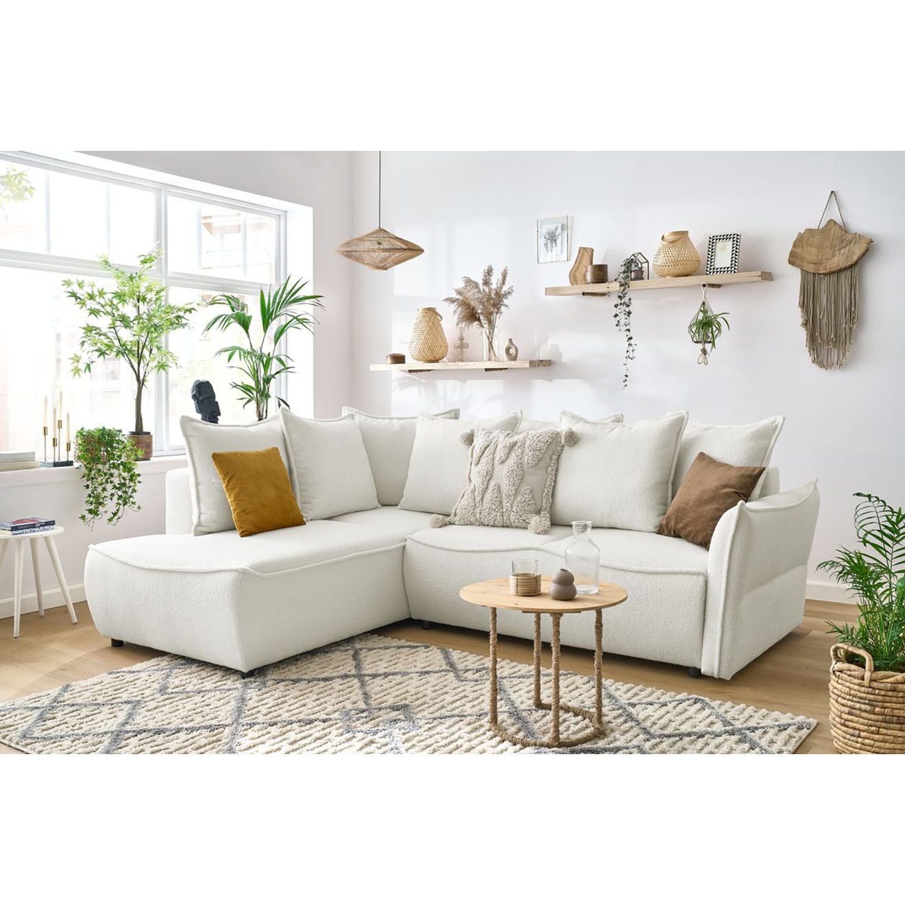 Bobochic Canapé d'angle L gauche convertible bouclette Léon blanc - 257x90x194 cm