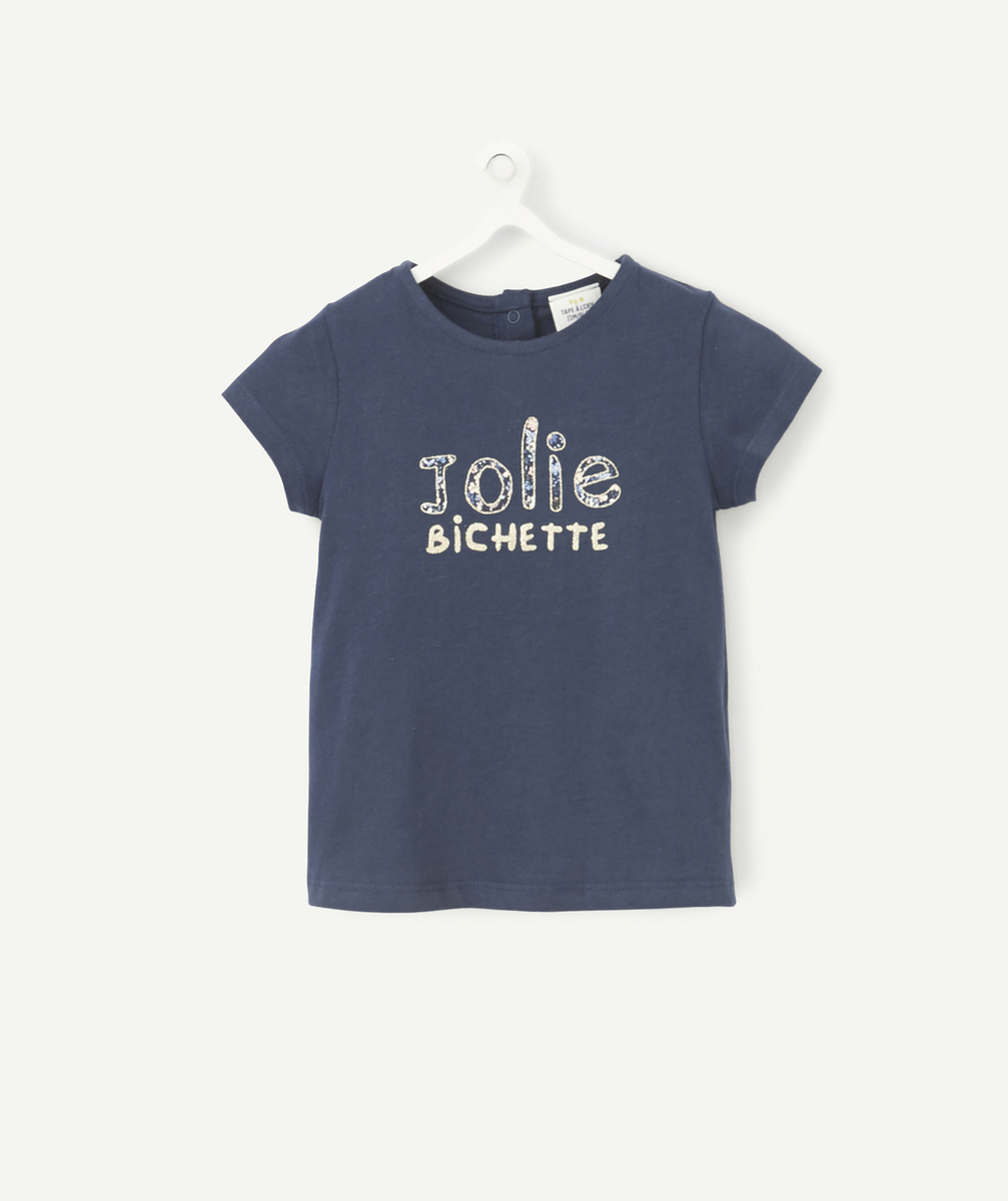 LE T-SHIRT MARINE EN COTON BIOLOGIQUE AVEC MESSAGE FLEURI ET PAILLETTÉ