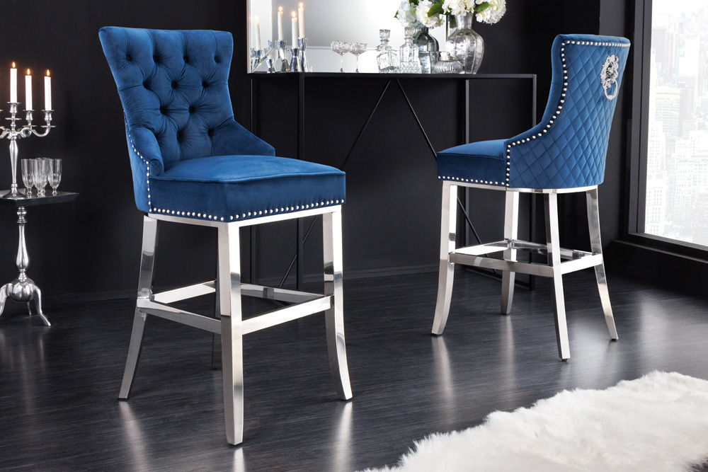 Design Barhocker CASTLE DELUXE royalblau Samt silber Edelstahl mit Lehne Chesterfield