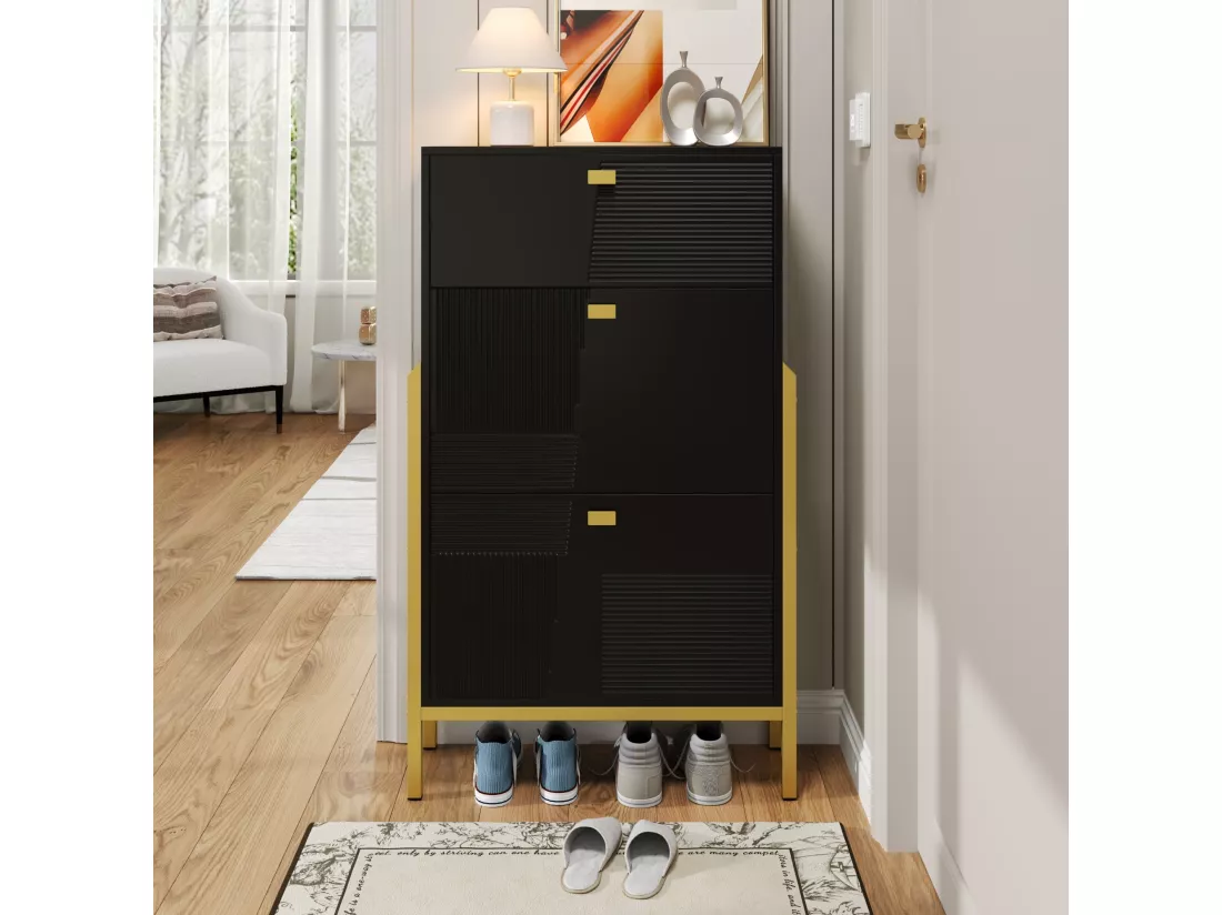 Armoire à chaussures avec tiroirs, porte-chaussures à double étage avec poignées et pieds dorés, design moderne et élégant, noir