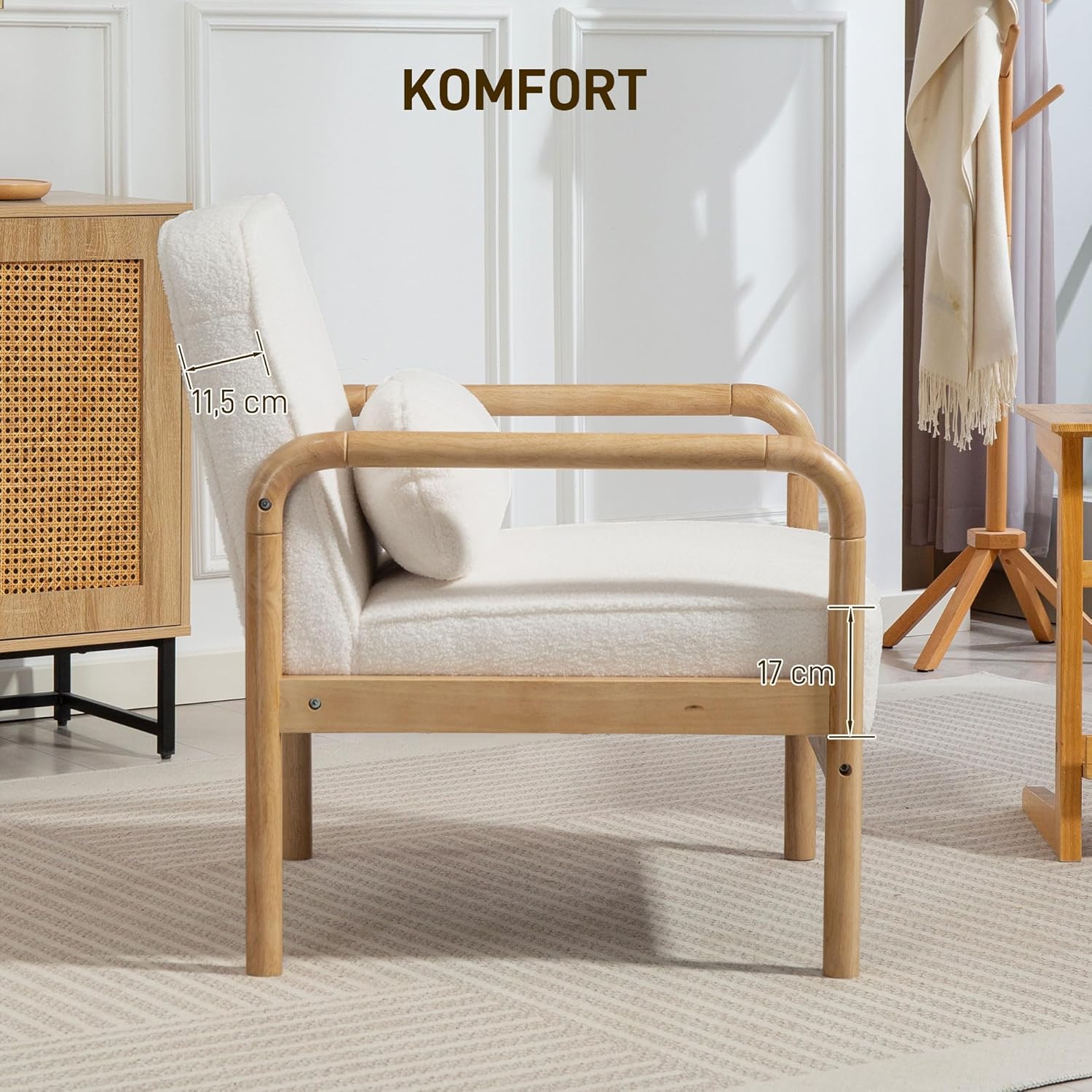 HOMCOM Sessel Wohnzimmer Loungesessel mit Armlehnen, Holzbeine, Großen und Dicken Sitz, Relaxsessel Lesesessel mit Wurfkissen, Bouclé-Optik, Polstersessel für Schlafzimmer Weiß