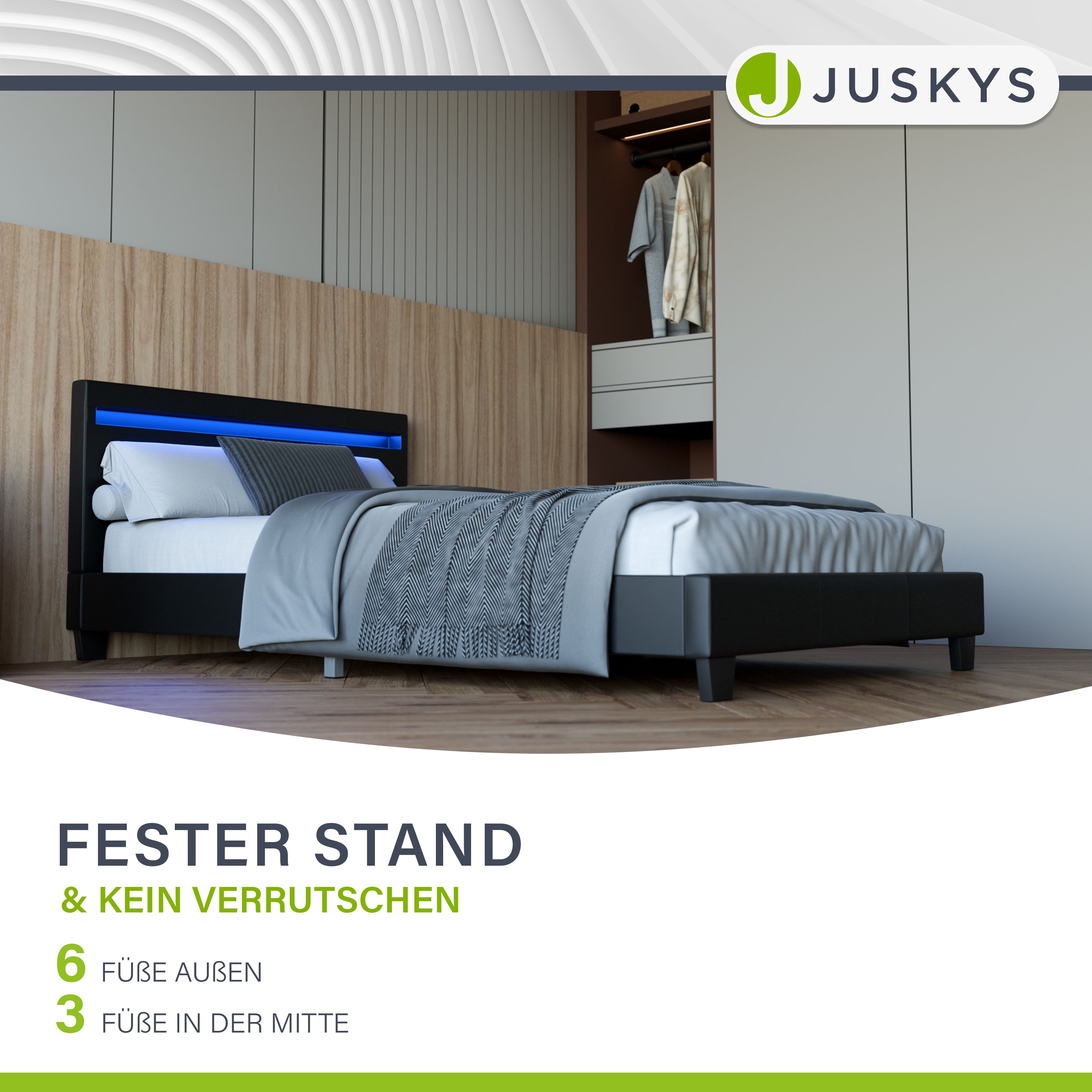 Juskys Polsterbett Verona 120 x 200 cm – Bett mit LED-Beleuchtung, Lattenrost & Kopfteil Schwarz