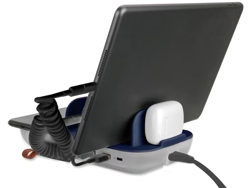(63W/3A) USB C / 4x USB A Family Evo Ladegerät Qi Wireless Charger Ladestation Universal Ladeständer inkl. Ladekabel (4S540323) - Grau / Blau