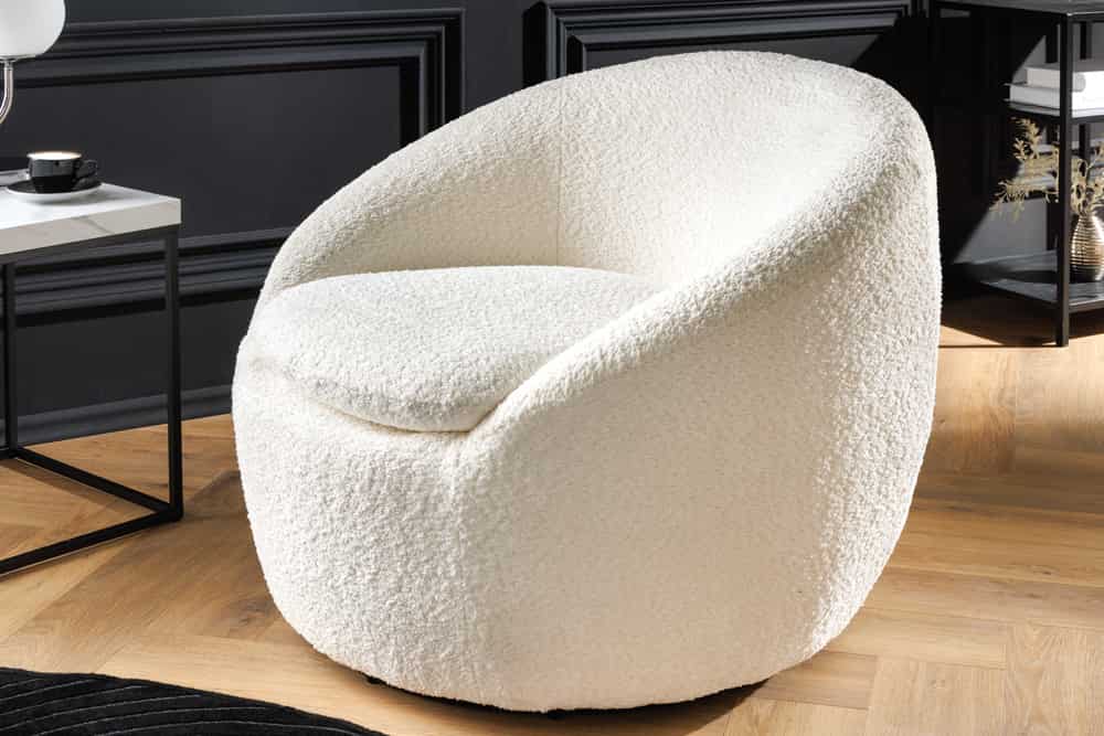 Drehbarer Design Sessel ALPINE weiß Bouclé 360° mit Armlehnen