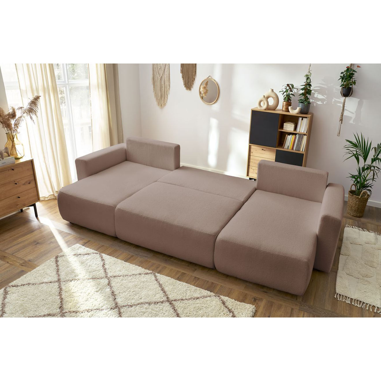 Bobochic Canapé panoramique convertible coffre bouclette envy marron - 386x153x95 cm