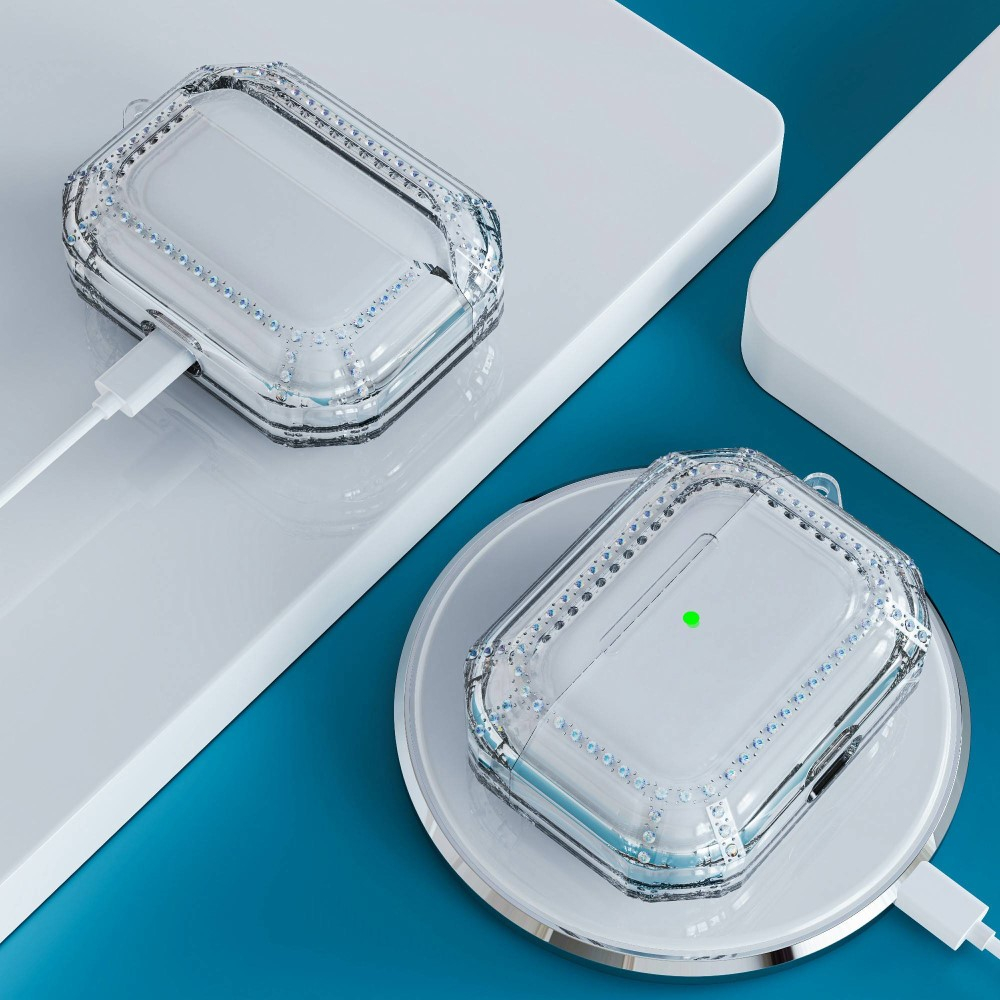 AirPods Pro 2 / AirPods Pro Gummi Case Schutzhülle mit Glitzer Steinen   Karabinerhaken - Transparent