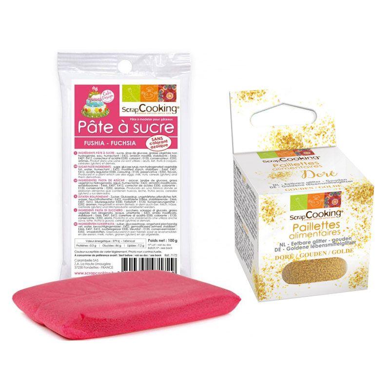 Pâte à sucre fuschia 100 g + paillettes dorées Scrapcooking