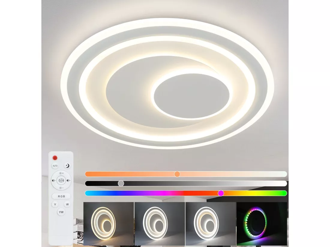 NETTLIFE Plafonnier LED salon dimmable avec télécommande RGB lampe de terrasse blanche ronde 50 cm RGB couleur changeante
