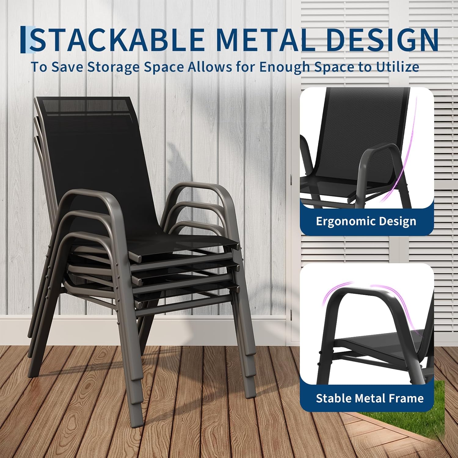 PortoAlegre Gartenstühle 4er Set – Stapelbare Textilene Gartenstühle aus Metall, Outdoor Stühle Set wetterfest & rostbeständig, Terrassenstühle 4er Set für Garten, Balkon & Terrasse