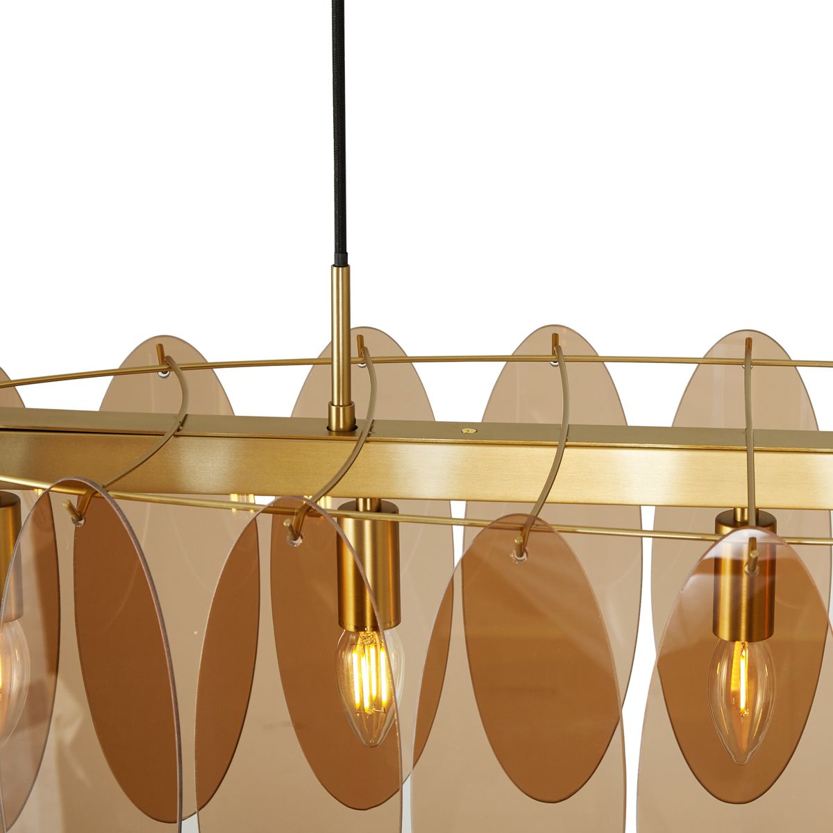 Art Deco hanglamp goud met amber glas ovaal 5-lichts - Mochan