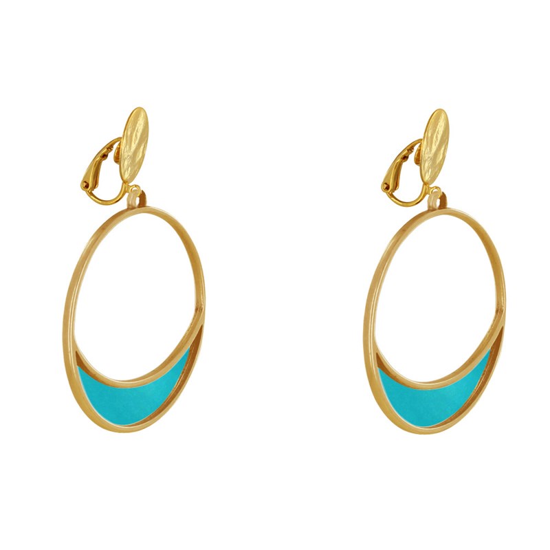 Boucles d'Oreilles Clip Métal Doré Cercle et Croissant de Lune Translucide Coloré