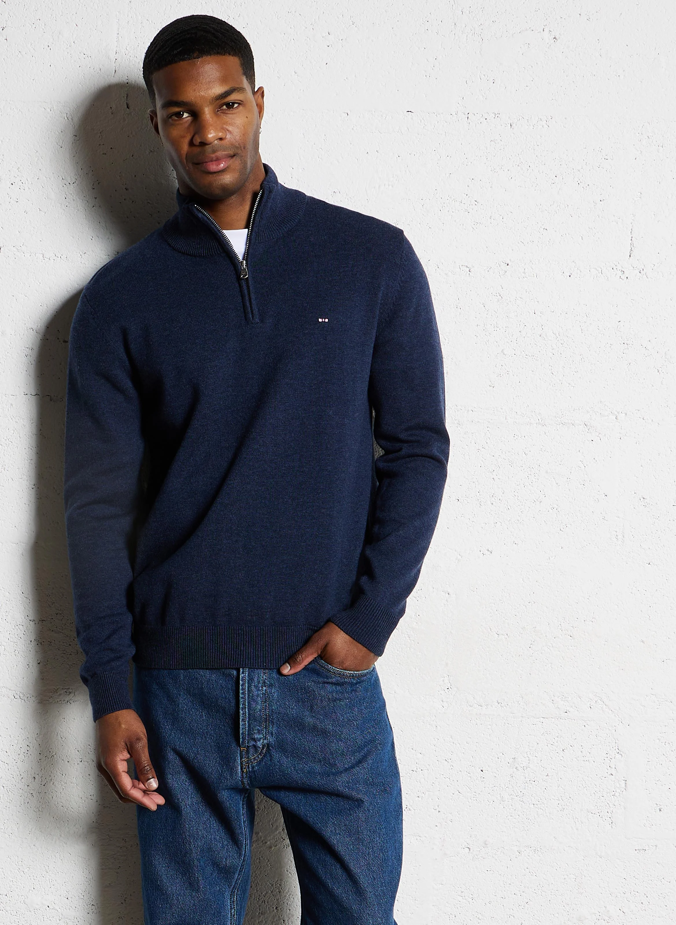 Pull droit en coton et laine | Bleu