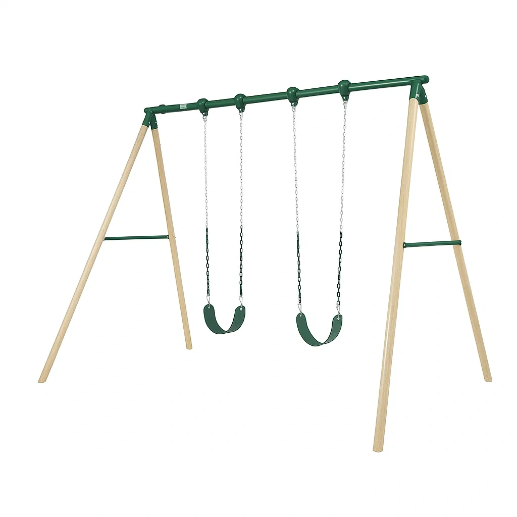 Équipements de jeux pour enfants portique balançoire double en métal et bois vert