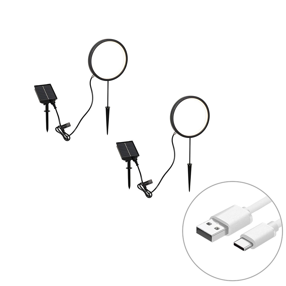 Set van 2 prikspots zwart 50cm incl. LED oplaadbaar en solar IP65 - Adalind