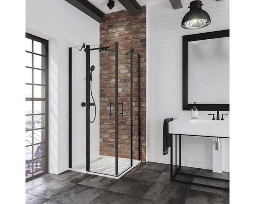 Hoekinstap met draaideur SCHULTE Alexa Style 2.0 ExpressPlus 80 x 80 cm, zwart profiel, helder glas met vuilafstotende coating, deurscharnier links, deurscharnier rechts