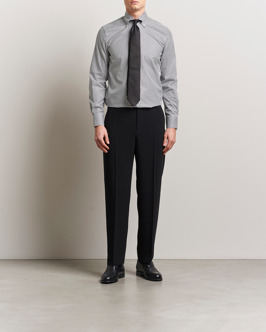 Stenströms 1899 Slimline Striped One Piece Button Down Collar Shirt Black