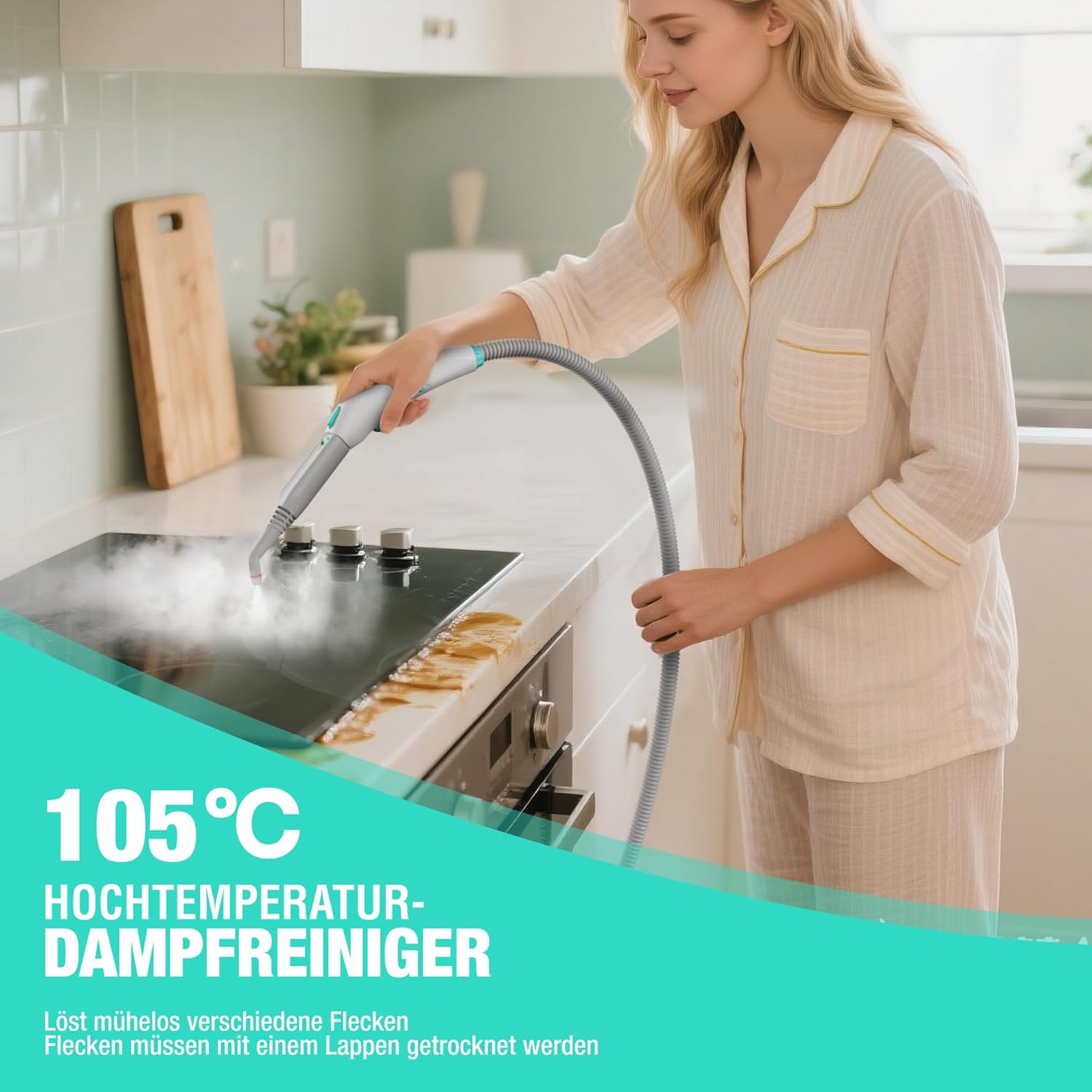 HAUSHOF Dampfreiniger 2000W, mit 1,5L Tank, max. 4,0 bar Dampfdruck, Aufheizzeit 8 Min, Dampfzeit bis zu 30 Min, inkl. 16 Zubehör & 3m Netzkabel, für Boden, Teppich, Fenster & Küche, Weiß-Grün