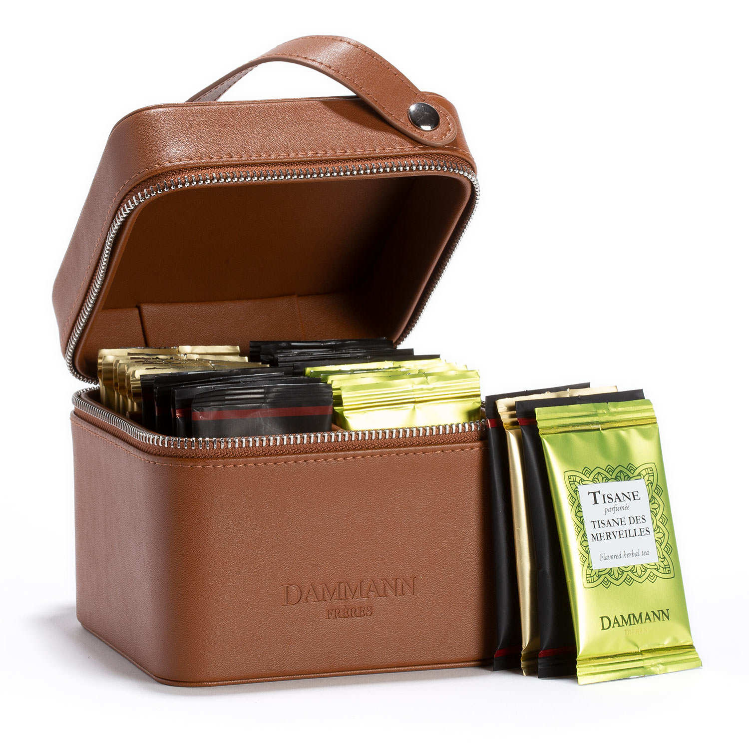 Coffret thé valisette Escape en simili cuir fauve - 32 sachets