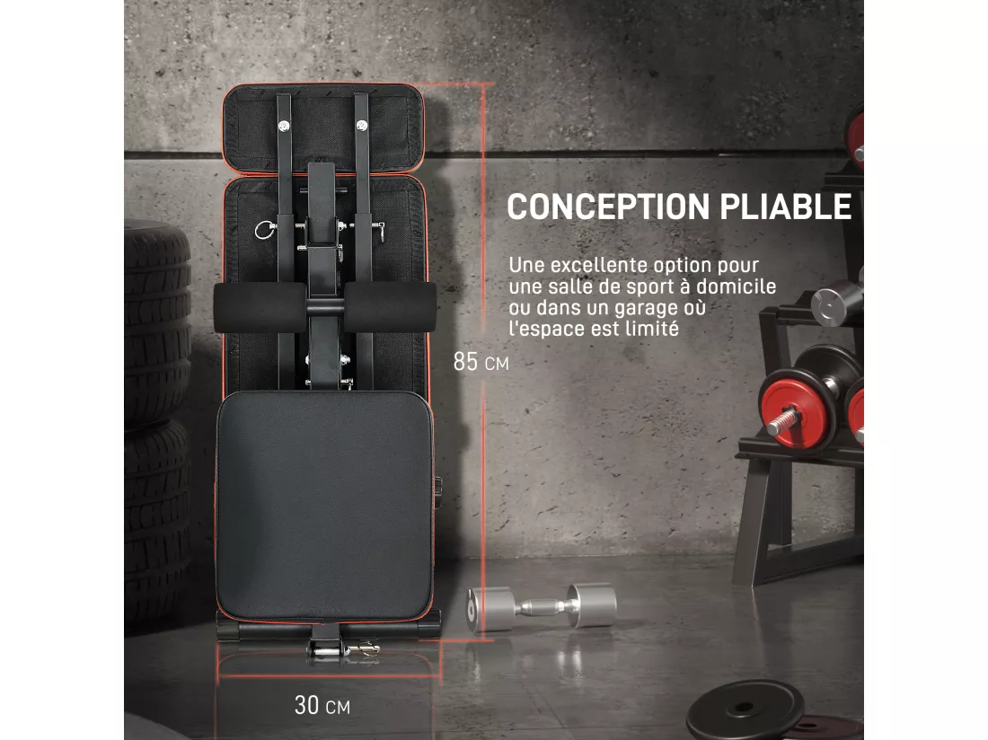 Banc de musculation pliable inclinable abdominaux - 4 coussins presse-jambes - acier PU rouge noir