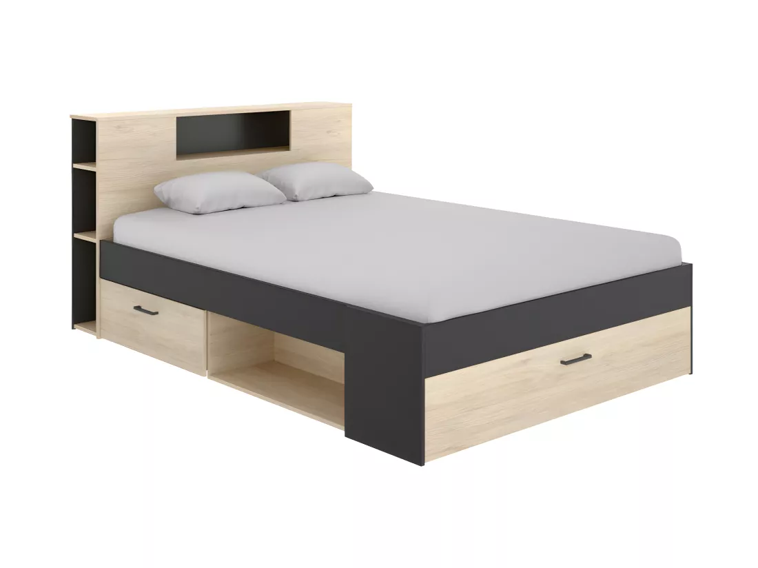 Lit avec tête de lit rangements et tiroirs - 140 x 190 cm - Coloris : Naturel et anthracite + Sommier - LEANDRE