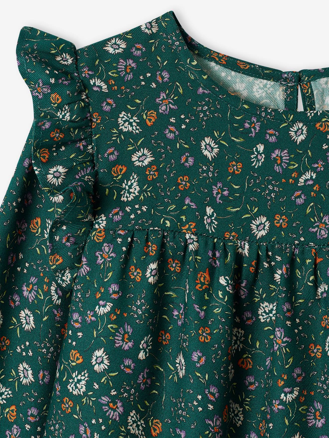 Vestido fluido com babados e motivos florais, para meninas, azul escuro