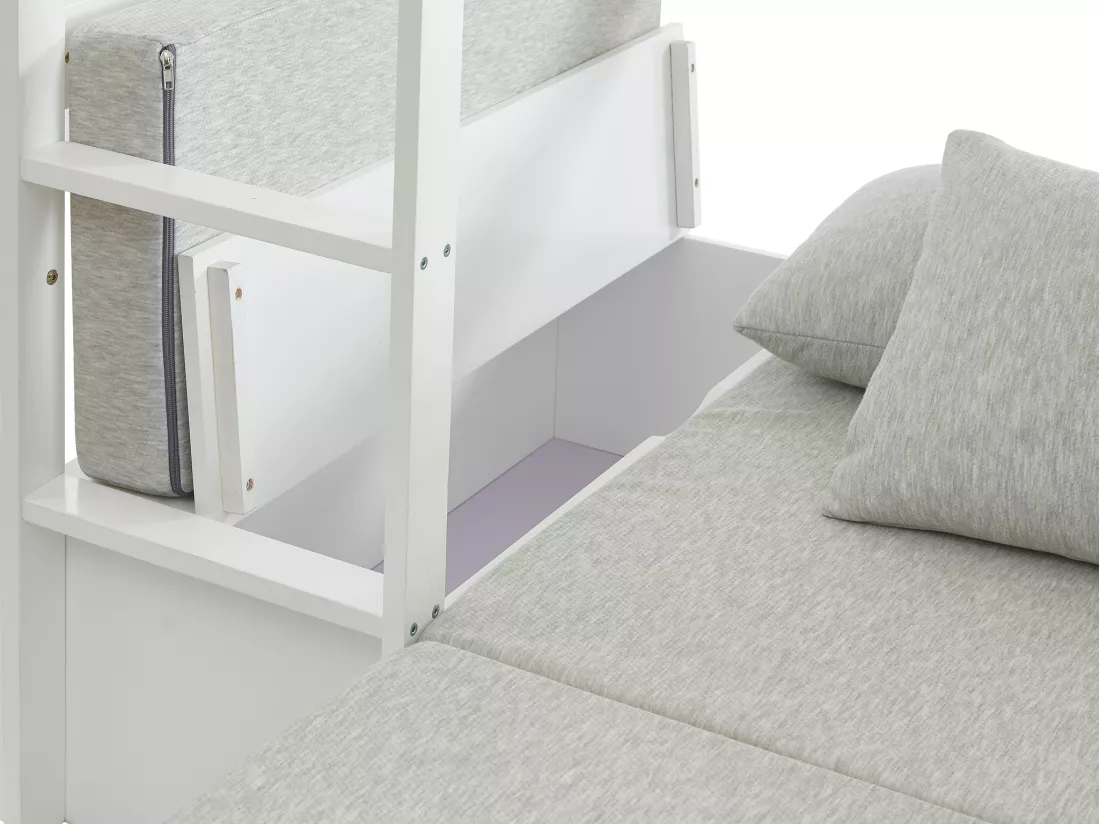 Lit mezzanine 90 x 200 cm avec bureau, sofa convertible et rangements - Pin massif - Blanchi + Matelas - GOLIATH III