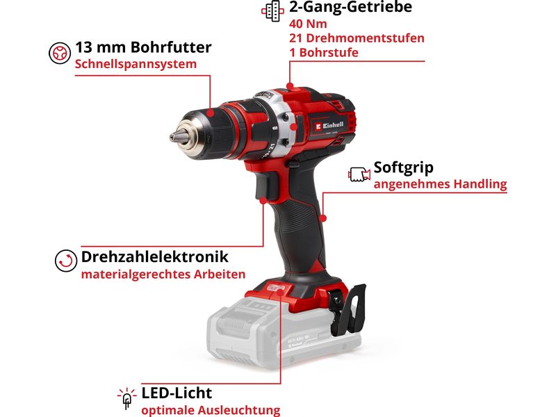 Einhell Akku-Bohrschrauber TE-CD 18/40 Li-Solo Akku-Bohrschrauber mit 2-Gang-Getriebe