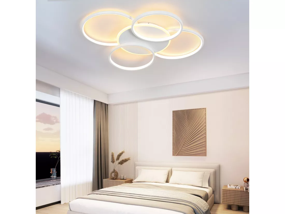 NETTLIFE Plafonnier LED Salon Dimmable 70W avec télécommande 5 anneaux Blanc Moderne Acrylique Dimmable