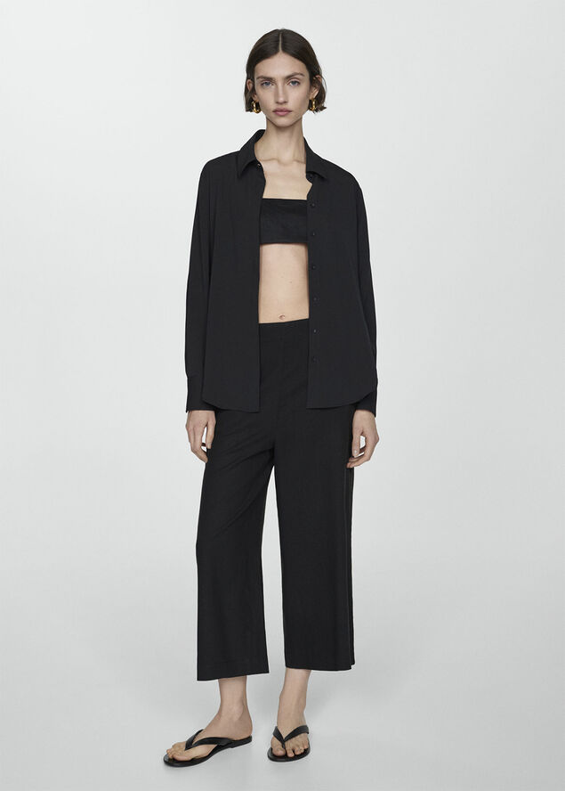 MANGO Wideleg linen trousers Black