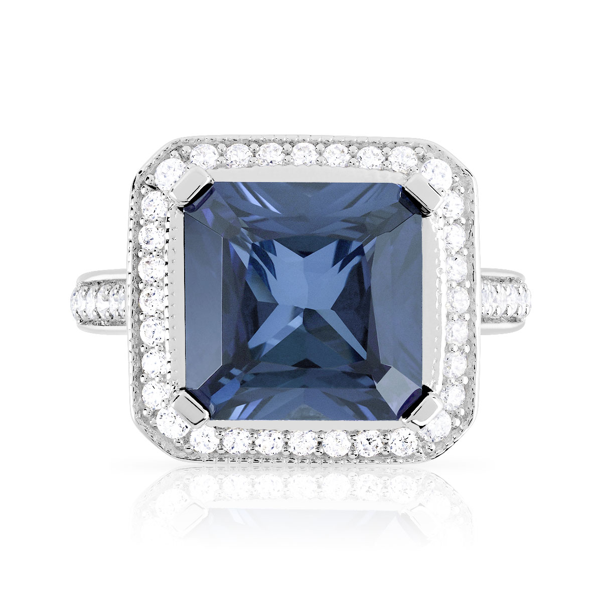 Bague argent 925 saphir imitation carrée et zirconias