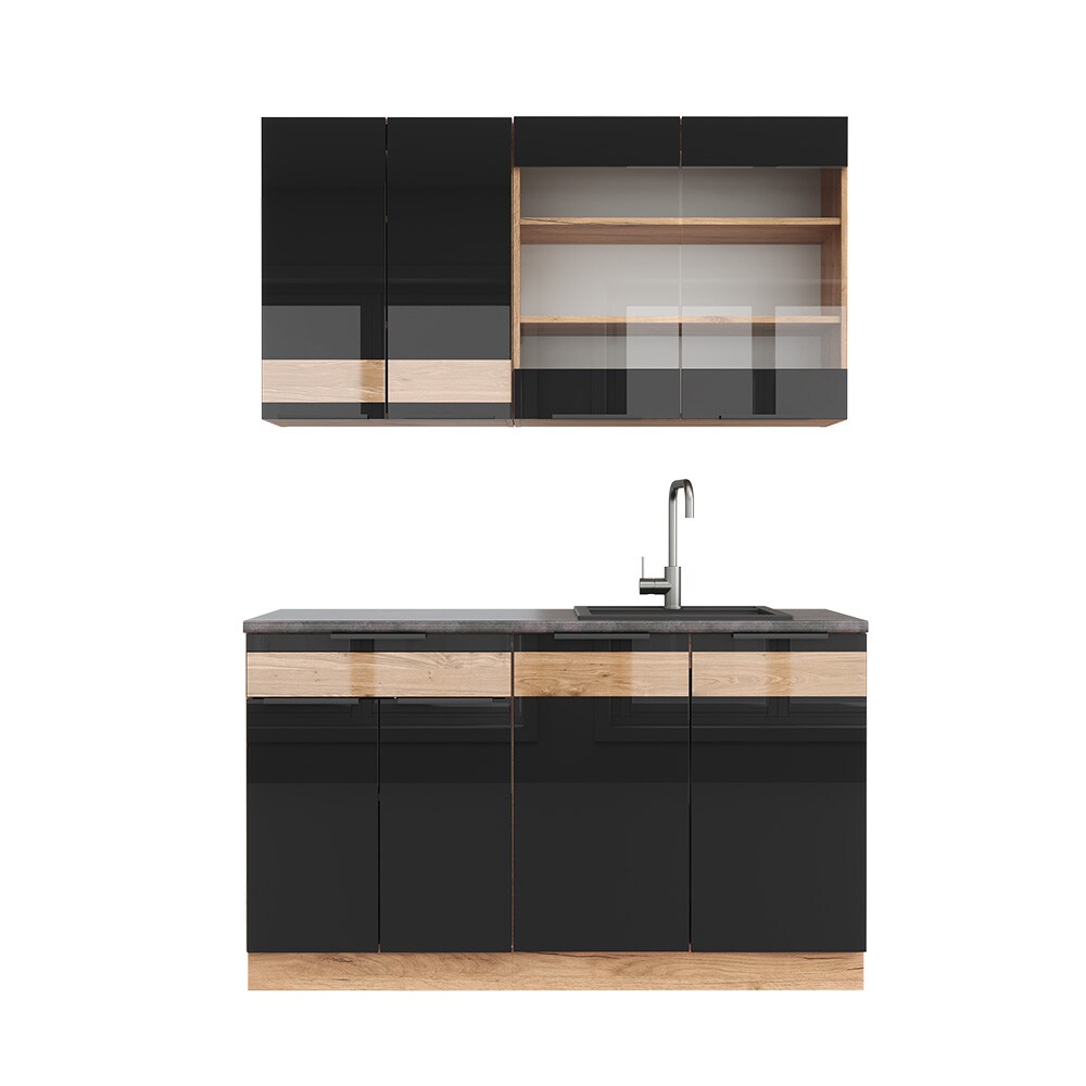 Vicco Küchenzeile Küchenblock Einbauküche Fame-Line Eiche Schwarz 140 cm modern Hochglanz Küchenschränke Küchenmöbel