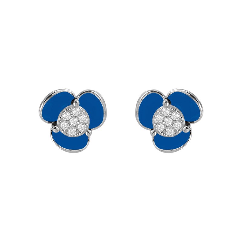 Boucles d'oreilles fleur en argent rhodié avec émail bleu et oxydes de zirconium