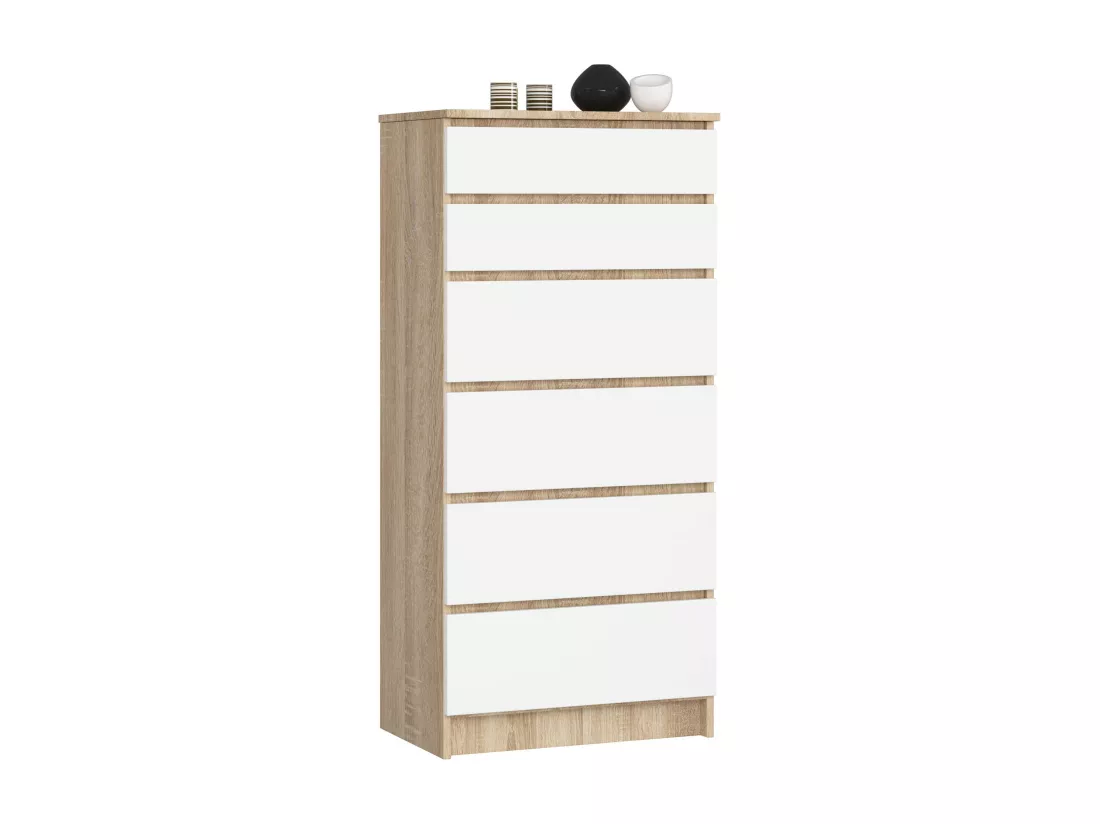 Commode AKORD K60 Chêne Sonoma 60 cm 6 tiroirs façade Blanche 60x40x130 cm