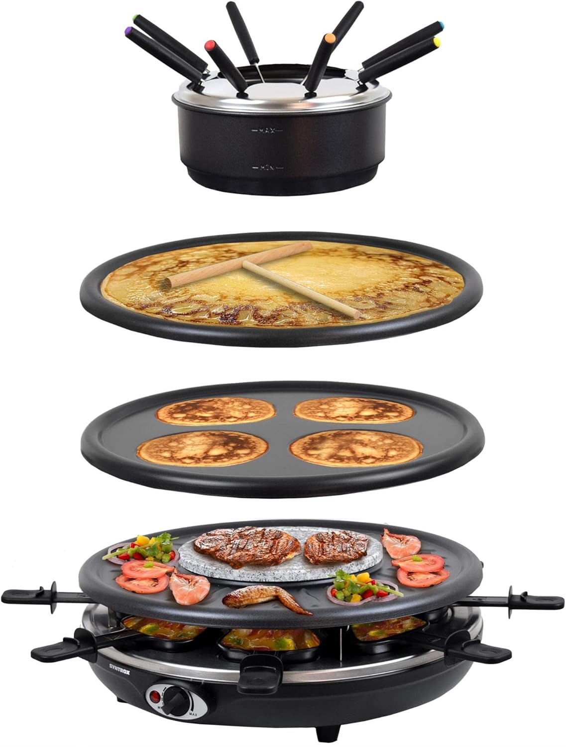 Syntrox Germany RAC-1350W-Waadt 4 in 1 Raclette Grill Fondue Heißer Stein für 8 Personen, Edelstahl Design