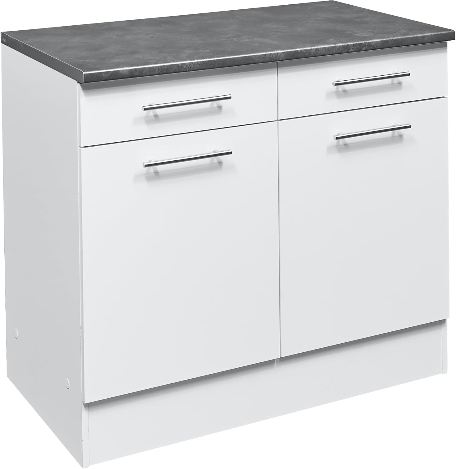 möbelando Eddy Moderner Küchenunterschrank in Weiß matt, Metallic Grau - Geräumiger Unterschrank Küche mit viel Stauraum - 100 x 90 x 60 cm (B/H/T)