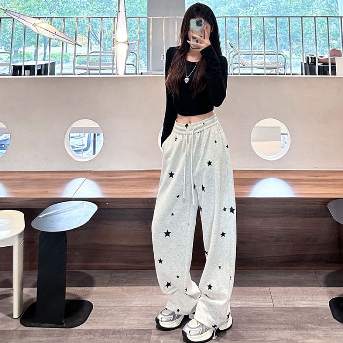 Rosesand - High Rise Star Print Loose-Fit Wijde Joggingbroek