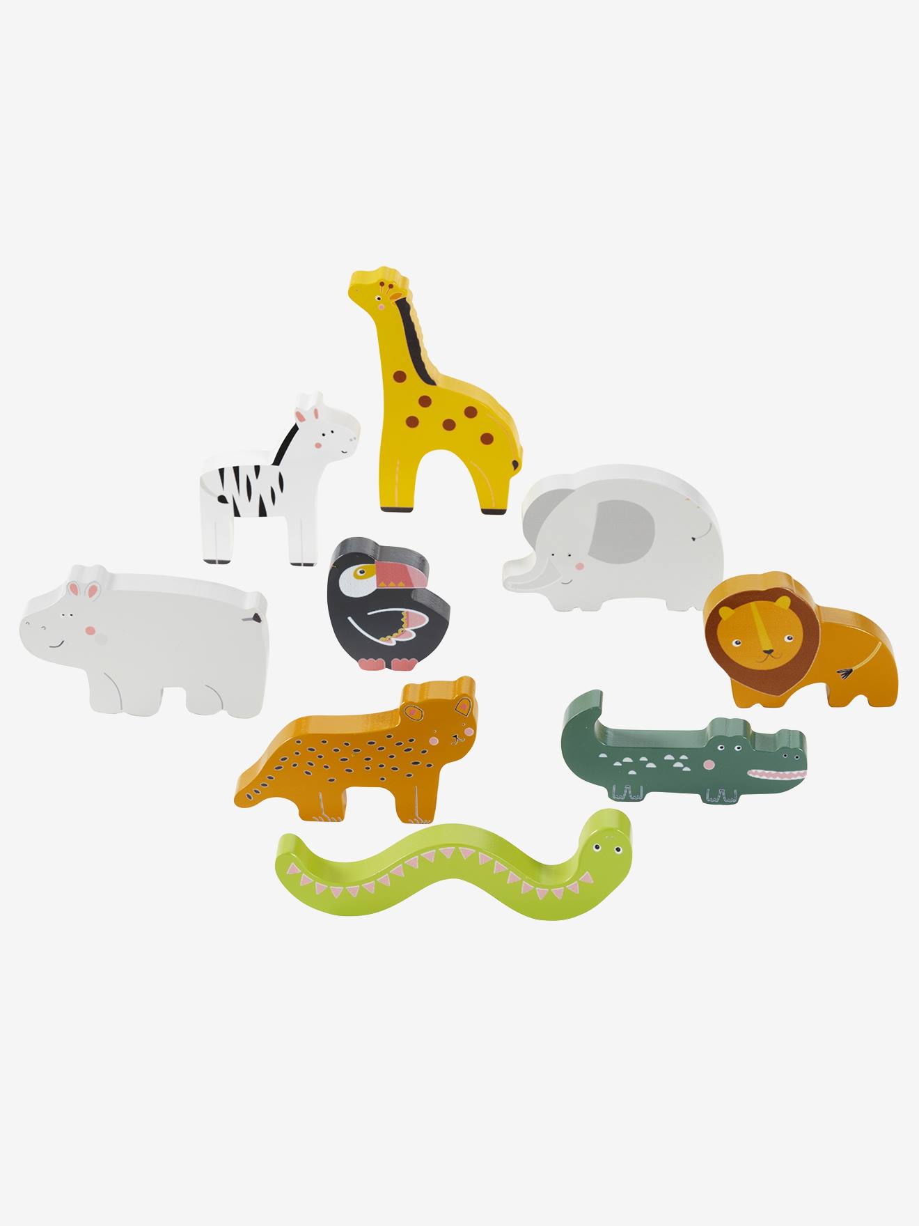 Conjunto de animais de madeira multicoloridos