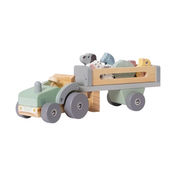 Phoohi Houten Traktor Met Trailer 8-Delig - Pastelkleur