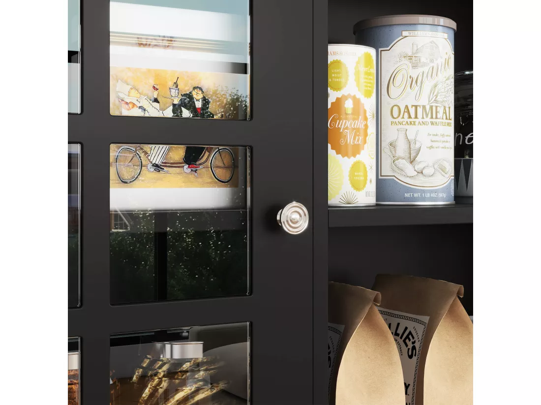 Armoire de cuisine multi-rangements 3 portes vitrine verre avec étagère 2 niches grand plateau MDF noir chêne