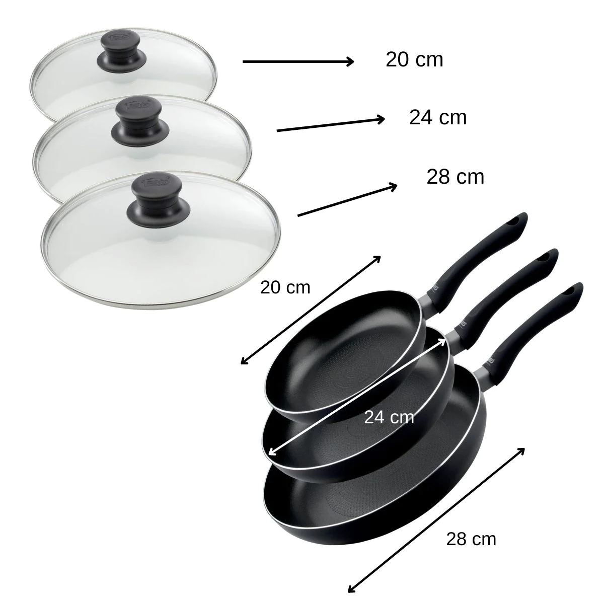 Ensemble de 3 poêles à frire et 3 couvercles en verre 20 cm 24 cm et 2
